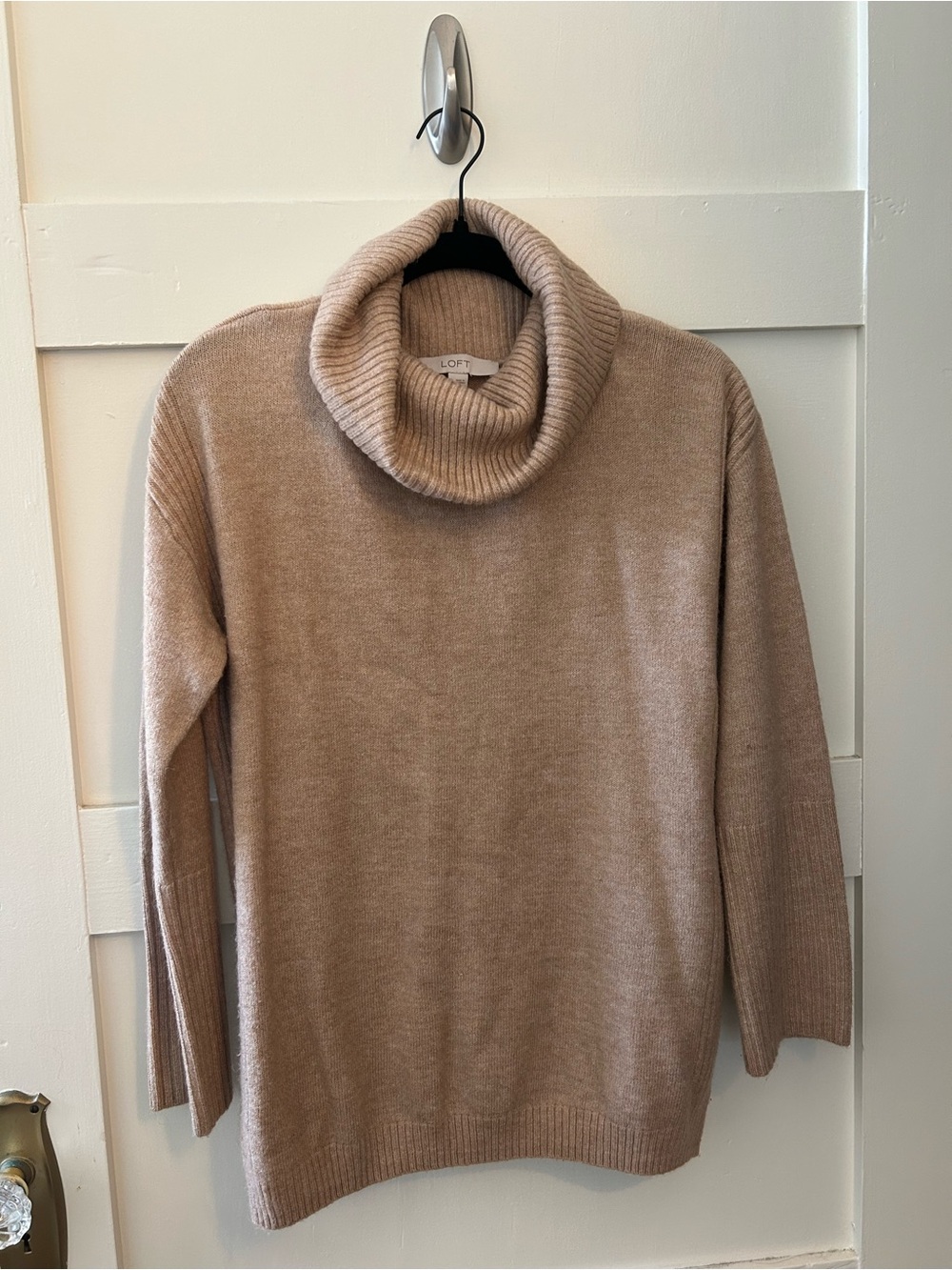 LOFT Beige Turtleneck Sweater with Ribbed Cowl Neck